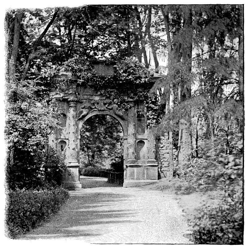 伊丽莎白门在Hortus Palatinus(花园的普法尔茨)在海德堡城堡遗址，德国海德堡- 19世纪